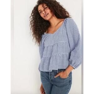 Oversized Seersucker Gingham Print Smocked Boho Blue White Blouse Top Size S